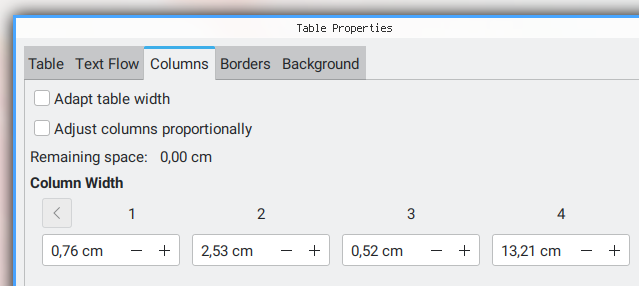 LibreOffice: Panjang Kolom di Tabel: Centimeter